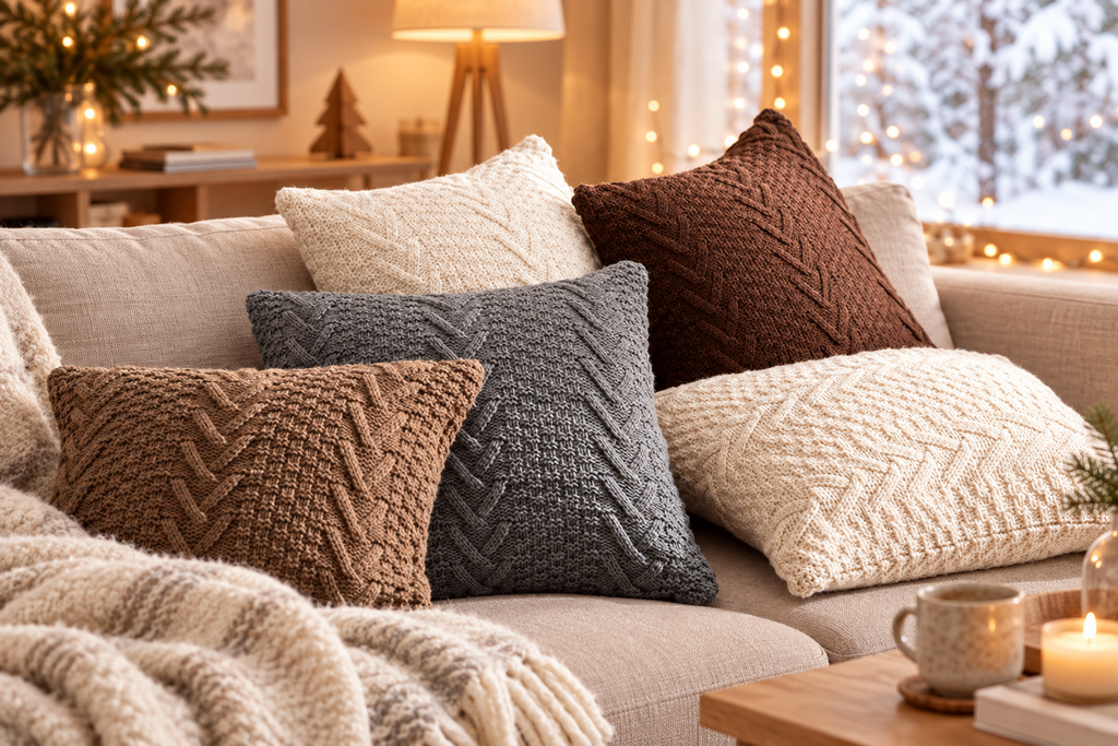 Housses de coussin en grosse maille torsadée sur un canapé beige dans un salon d'hiver