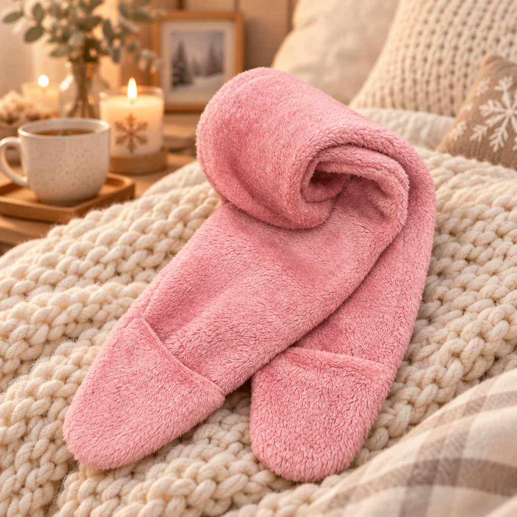 Jambières Flocon roses posées sur un plaid en maille, ambiance cocooning