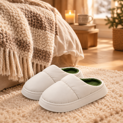 Chaussons Nuage blancs sur un tapis en laine au pied d'un lit douillet